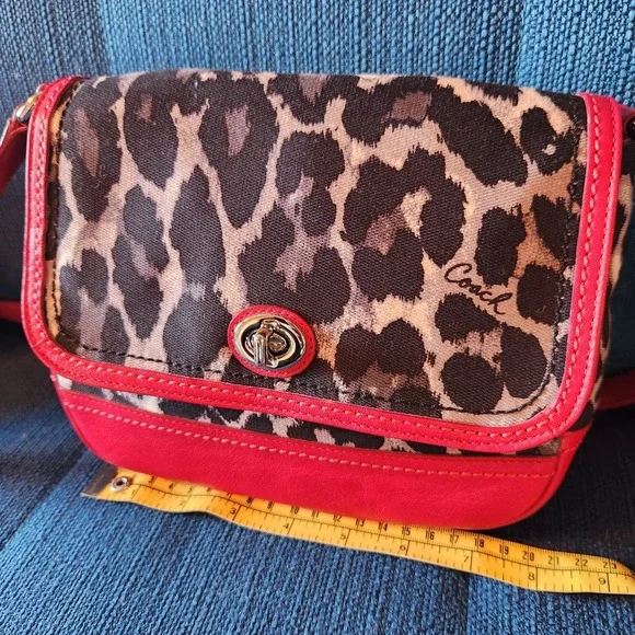 Coach Bag Ocelot Cloth + Red Leather, Animal Print, Crossbody RARE - Picture 6 of 11